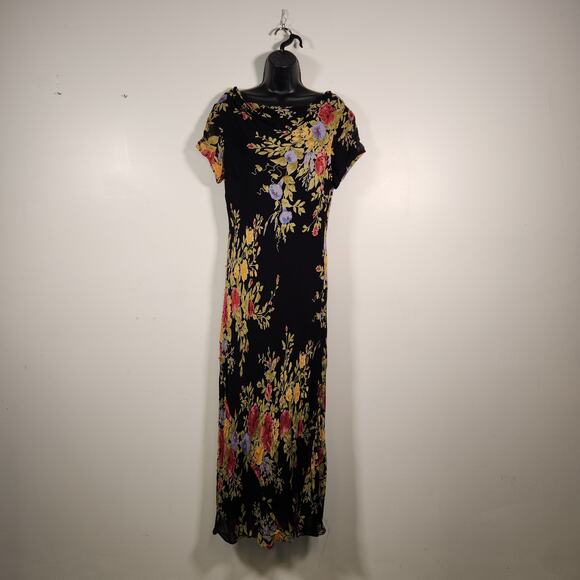 PARADISE NY Vtg 90s Y2K Maxi Dress Womens 12 Black Multi Floral Sequins Cottage - Picture 1 of 12